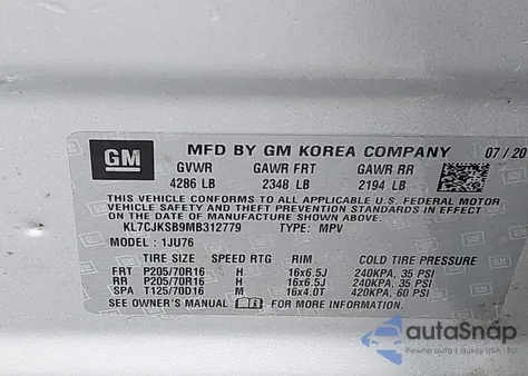 2021 Chevrolet Trax Fwd Ls from USA, damaged, VIN KL7CJKSB9MB312779